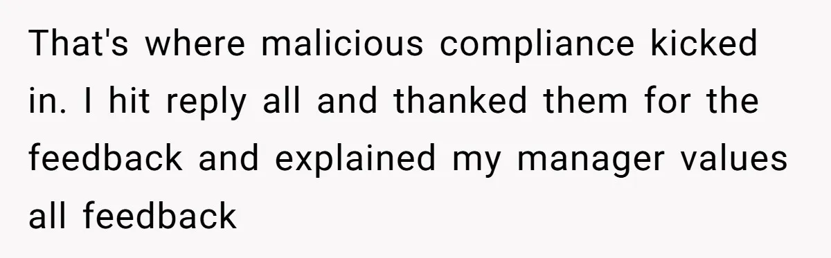 That's where malicious compliance kicked in. I hit reply all and thanked them for the feedback and explained my manager values all feedback