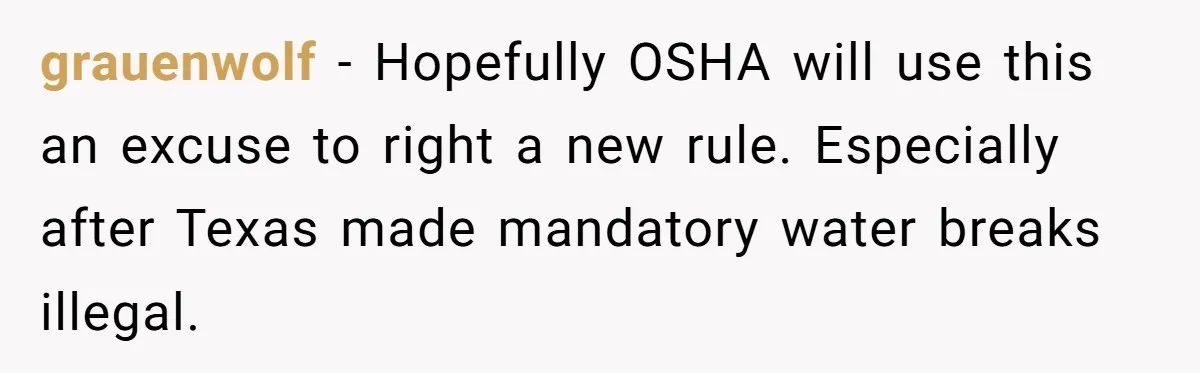 grauenwolf − Hopefully OSHA will use this an excuse to right a new rule. Especially after Texas made mandatory water breaks illegal.