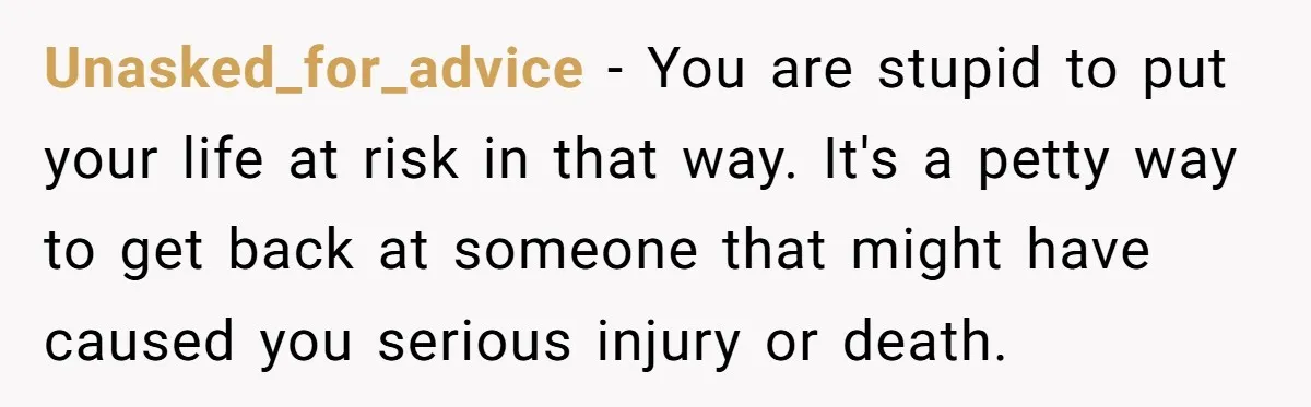 Unasked_for_advice − You are stupid to put your life at risk in that way. It's a petty way to get back at someone that might have caused you serious injury...