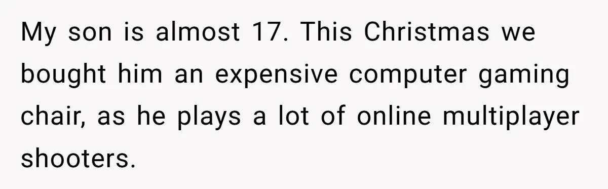 My son is almost 17. This Christmas we bought him an expensive computer gaming chair, as he plays a lot of online multiplayer shooters.