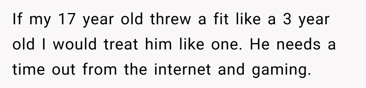 If my 17 year old threw a fit like a 3 year old I would treat him like one. He needs a time out from the internet and gaming.