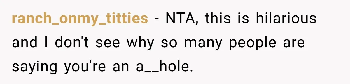 ranch_onmy_titties − NTA, this is hilarious and I don't see why so many people are saying you're an a__hole.