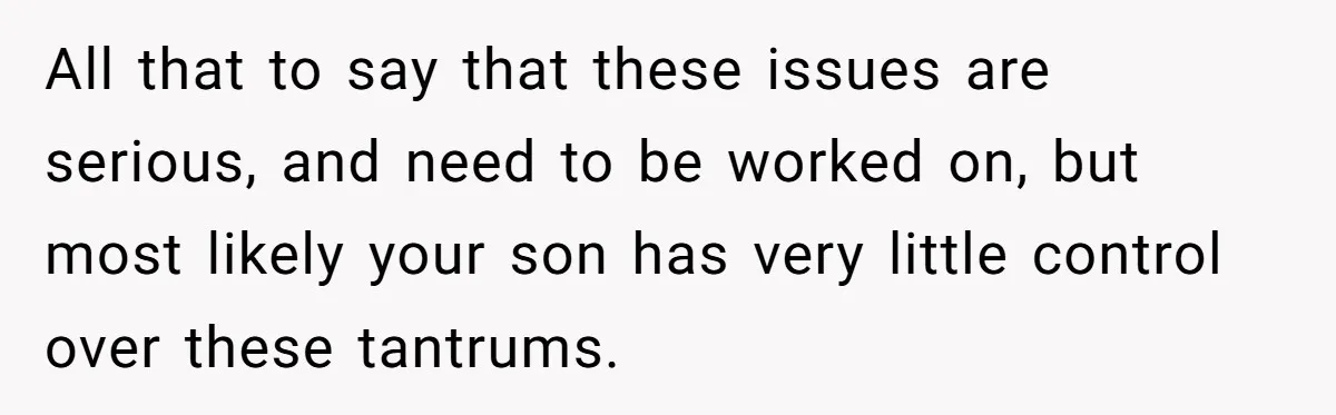 All that to say that these issues are serious, and need to be worked on, but most likely your son has very little control over these tantrums.