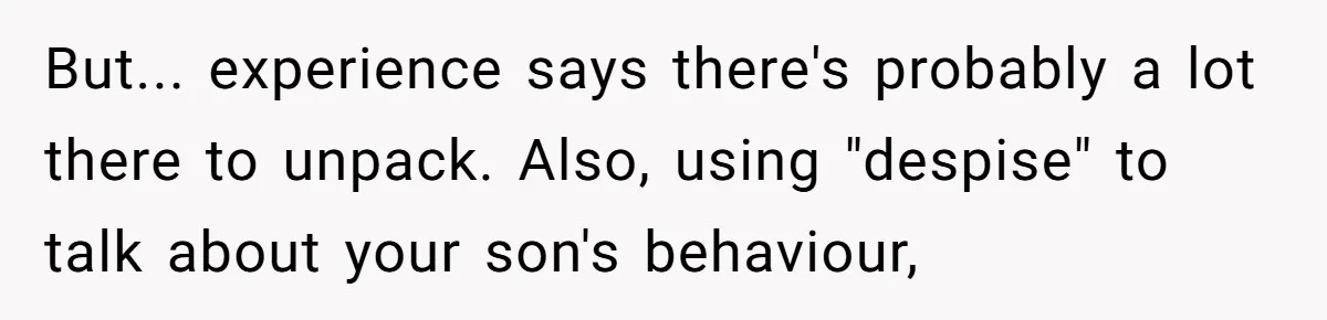 But... experience says there's probably a lot there to unpack. Also, using "despise" to talk about your son's behaviour,