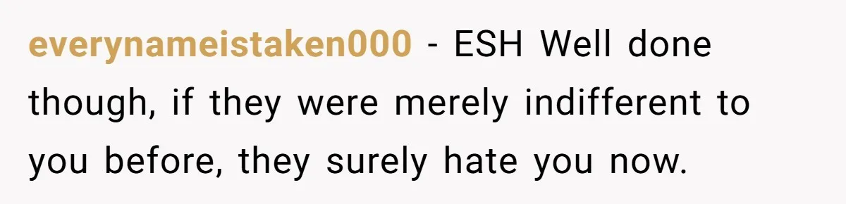 everynameistaken000 − ESH Well done though, if they were merely indifferent to you before, they surely hate you now.
