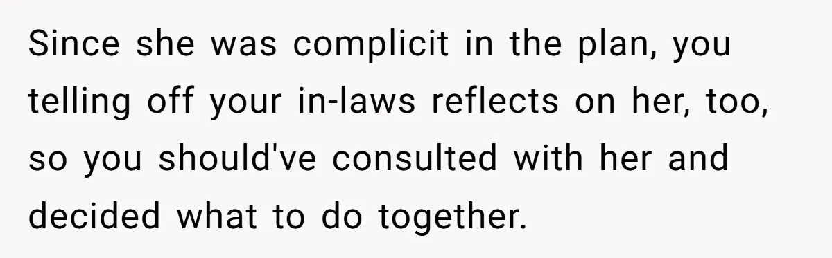 Since she was complicit in the plan, you telling off your in-laws reflects on her, too, so you should've consulted with her and decided what to do together.