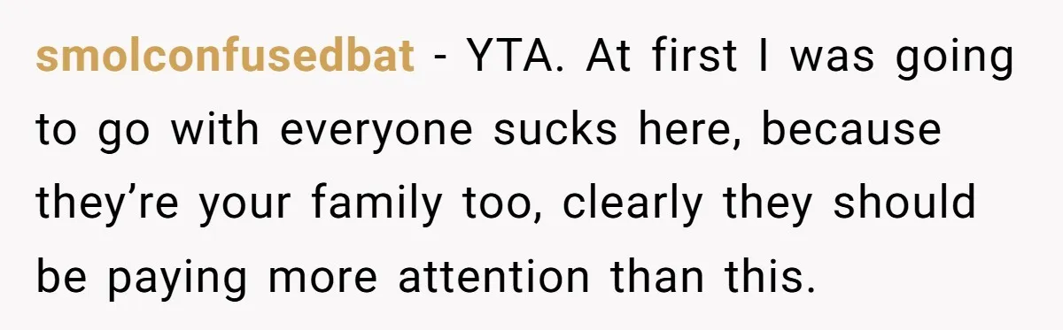 smolconfusedbat − YTA. At first I was going to go with everyone sucks here, because they’re your family too, clearly they should be paying more attention than this.