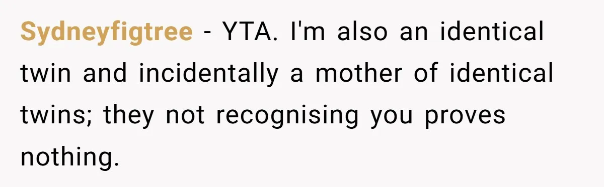 Sydneyfigtree − YTA. I'm also an identical twin and incidentally a mother of identical twins; they not recognising you proves nothing.