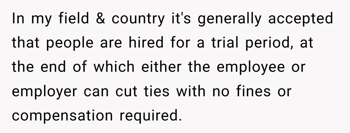 In my field & country it's generally accepted that people are hired for a trial period, at the end of which either the employee or employer can cut ties with...