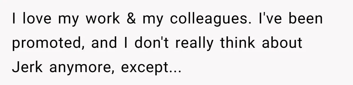 I love my work & my colleagues. I've been promoted, and I don't really think about Jerk anymore, except...