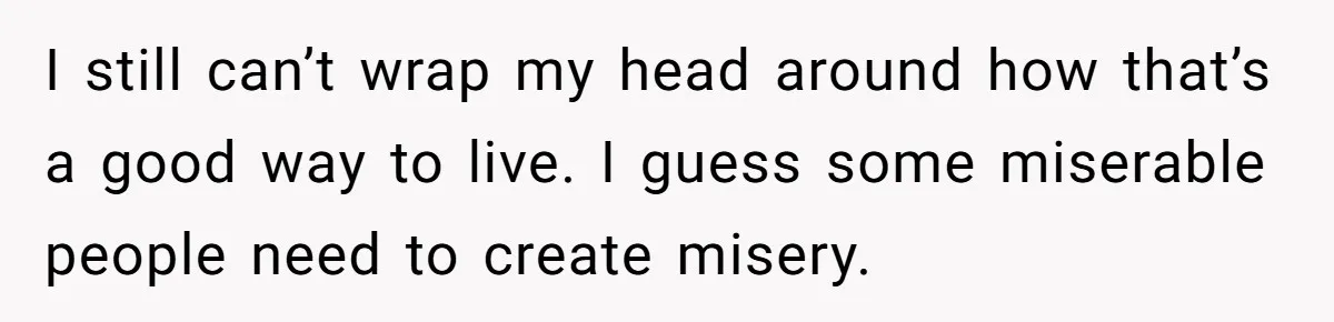 I still can’t wrap my head around how that’s a good way to live. I guess some miserable people need to create misery.