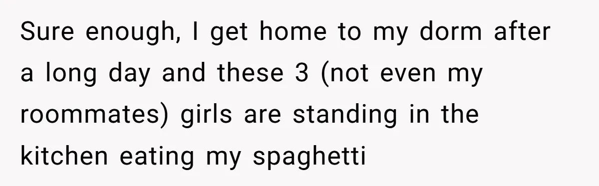 Sure enough, I get home to my dorm after a long day and these 3 (not even my roommates) girls are standing in the kitchen eating my spaghetti