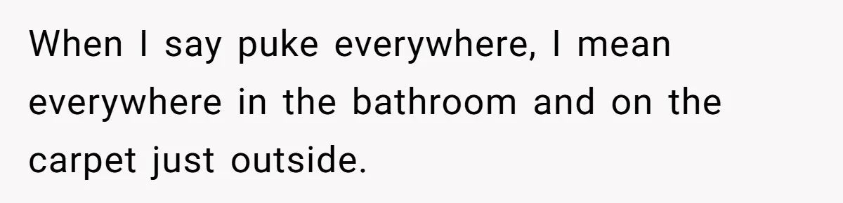 When I say puke everywhere, I mean everywhere in the bathroom and on the carpet just outside.
