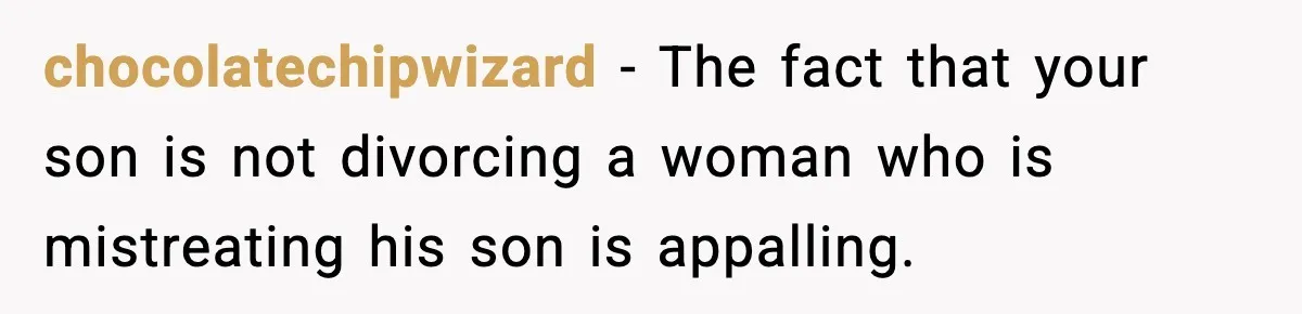 chocolatechipwizard − The fact that your son is not divorcing a woman who is mistreating his son is appalling.
