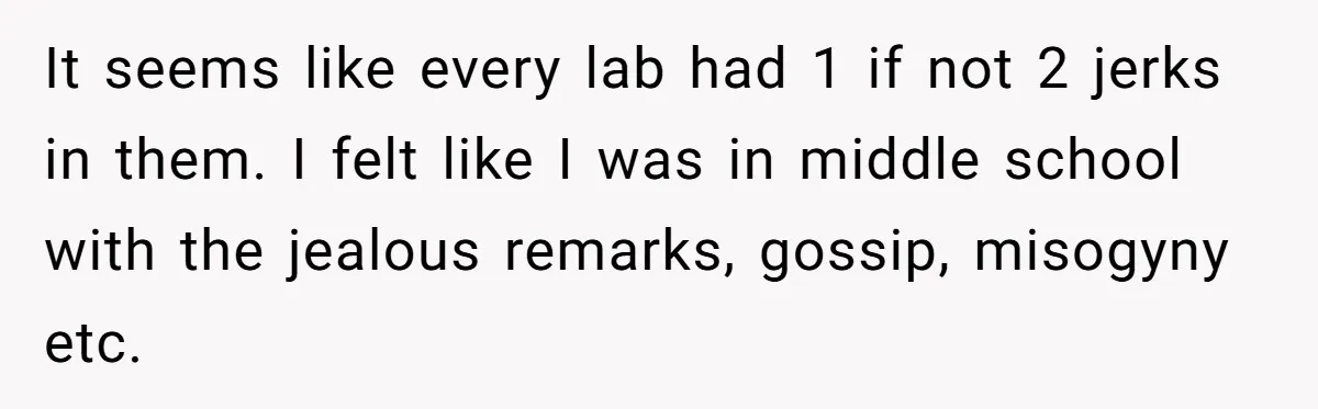 It seems like every lab had 1 if not 2 jerks in them. I felt like I was in middle school with the jealous remarks, gossip, misogyny etc.