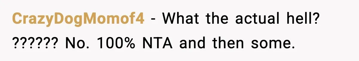 CrazyDogMomof4 − What the actual hell? ?????? No. 100% NTA and then some.