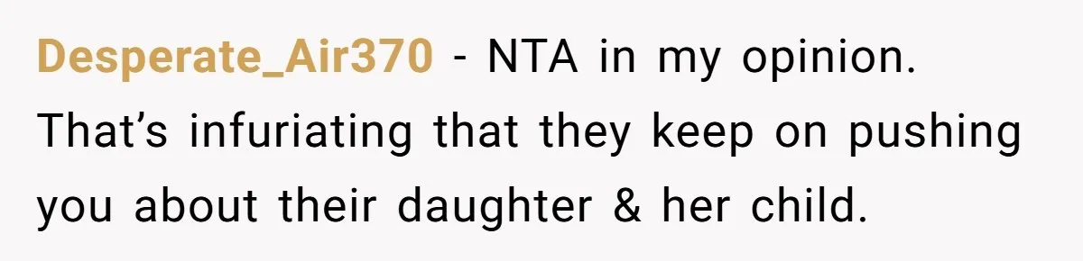 Desperate_Air370 − NTA in my opinion. That’s infuriating that they keep on pushing you about their daughter & her child.