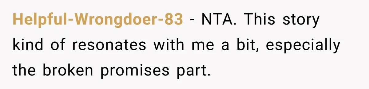 Helpful-Wrongdoer-83 − NTA. This story kind of resonates with me a bit, especially the broken promises part.