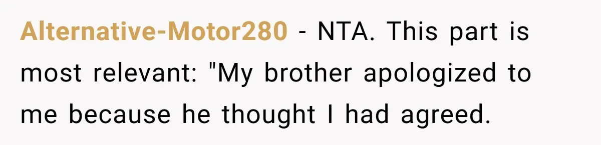 Alternative-Motor280 − NTA. This part is most relevant: "My brother apologized to me because he thought I had agreed.