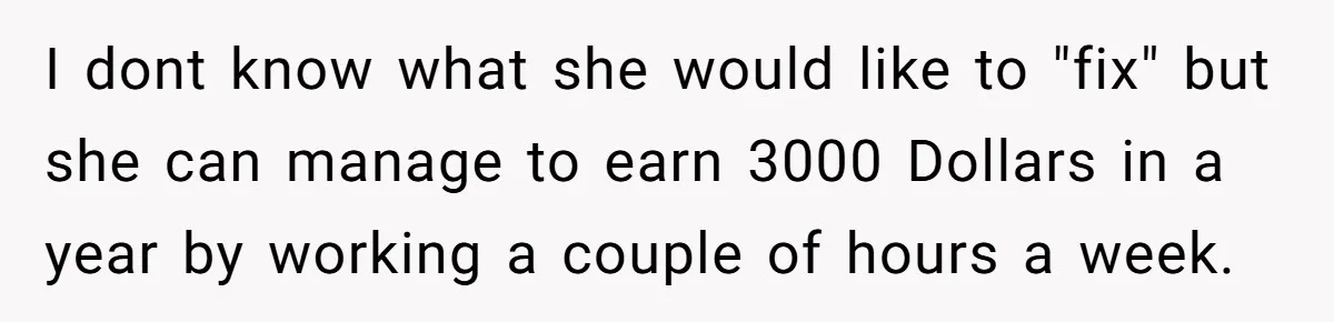 I dont know what she would like to "fix" but she can manage to earn 3000 Dollars in a year by working a couple of hours a week.