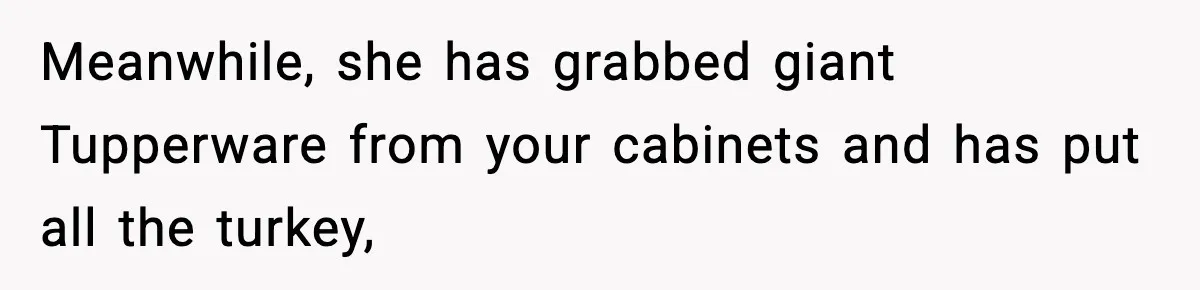 Meanwhile, she has grabbed giant Tupperware from your cabinets and has put all the turkey,