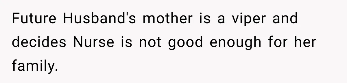Future Husband's mother is a viper and decides Nurse is not good enough for her family.