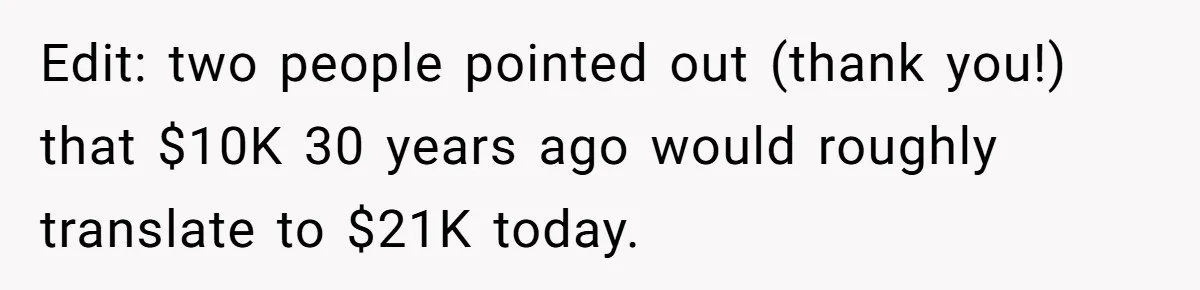 Edit: two people pointed out (thank you!) that $10K 30 years ago would roughly translate to $21K today.