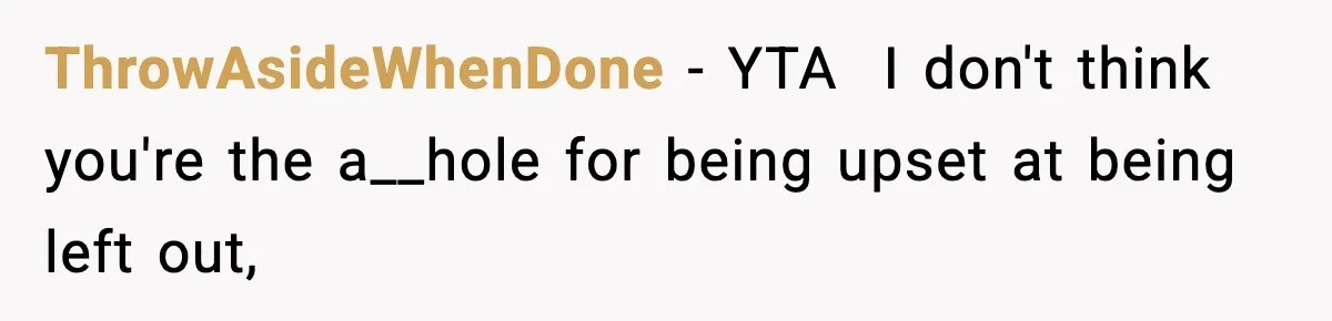 ThrowAsideWhenDone − YTA ​ I don't think you're the a__hole for being upset at being left out,
