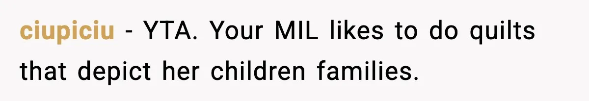 ciupiciu − YTA. Your MIL likes to do quilts that depict her children families.