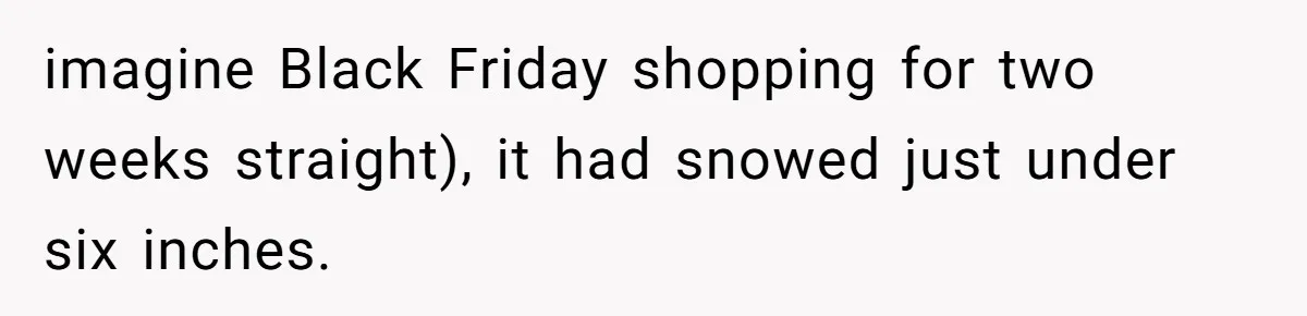 imagine Black Friday shopping for two weeks straight), it had snowed just under six inches.