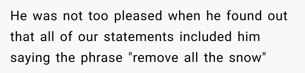 He was not too pleased when he found out that all of our statements included him saying the phrase "remove all the snow"