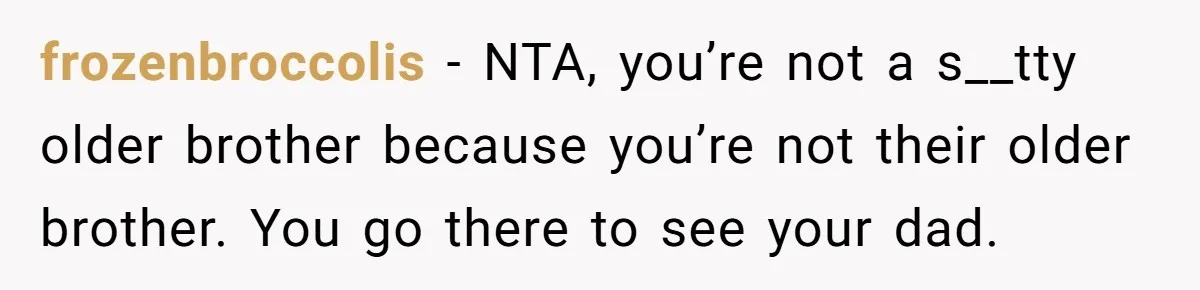 frozenbroccolis − NTA, you’re not a s__tty older brother because you’re not their older brother. You go there to see your dad.