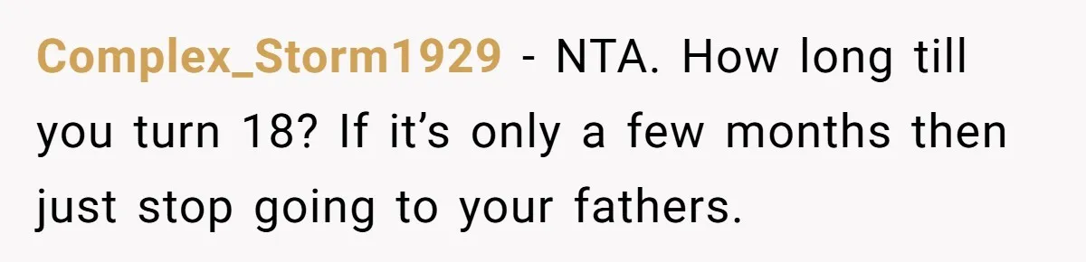 Complex_Storm1929 − NTA. How long till you turn 18? If it’s only a few months then just stop going to your fathers.
