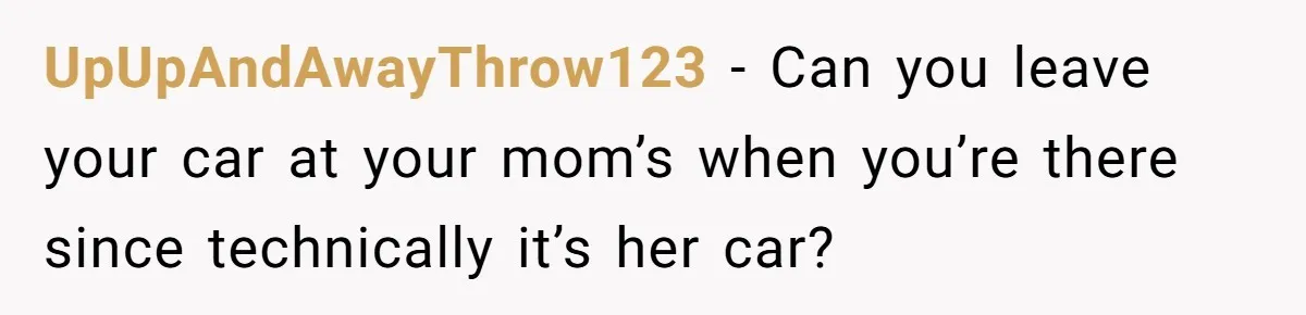 UpUpAndAwayThrow123 − Can you leave your car at your mom’s when you’re there since technically it’s her car?