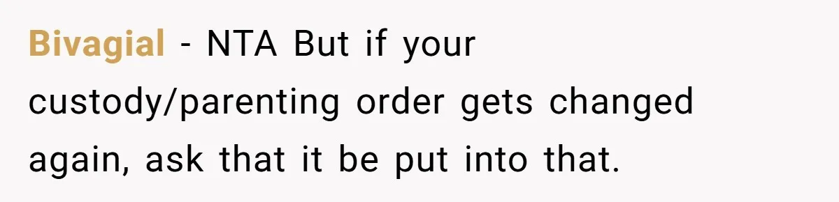 Bivagial − NTA But if your custody/parenting order gets changed again, ask that it be put into that.
