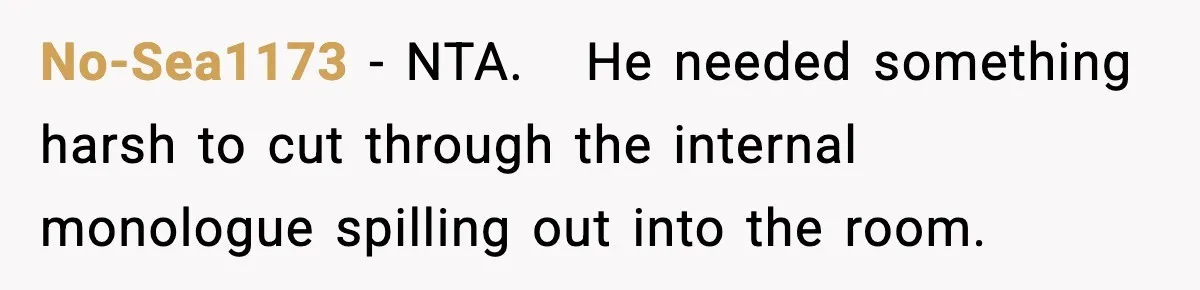 No-Sea1173 − NTA.   He needed something harsh to cut through the internal monologue spilling out into the room.