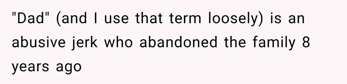 "Dad" (and I use that term loosely) is an abusive jerk who abandoned the family 8 years ago