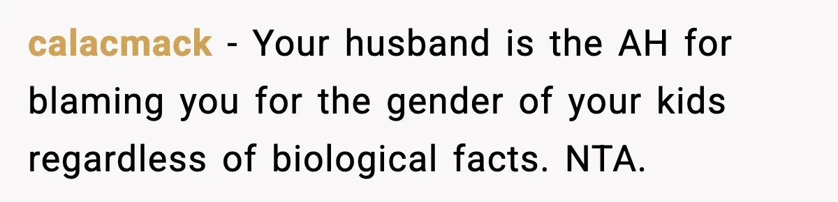 calacmack − Your husband is the AH for blaming you for the gender of your kids regardless of biological facts. NTA.