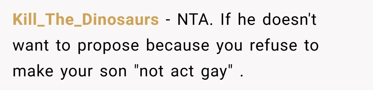 Kill_The_Dinosaurs − NTA. If he doesn't want to propose because you refuse to make your son "not act gay" .