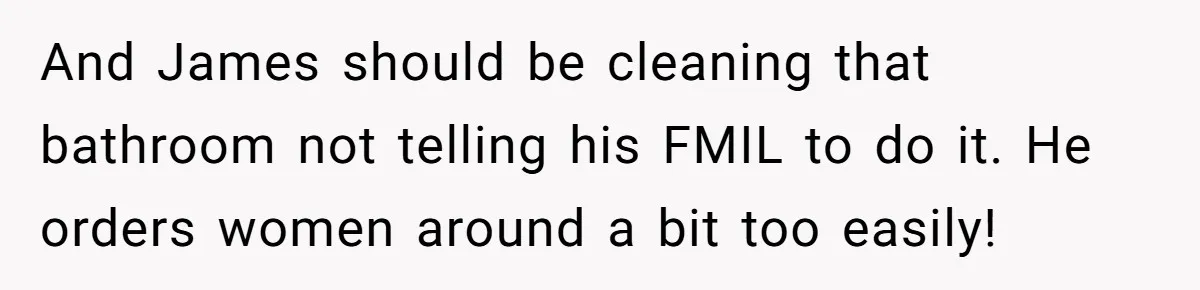 And James should be cleaning that bathroom not telling his FMIL to do it. He orders women around a bit too easily!