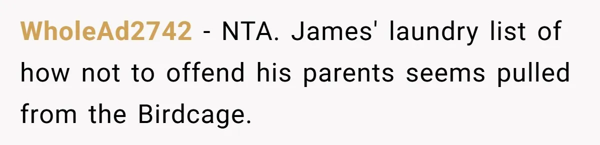 WholeAd2742 − NTA. James' laundry list of how not to offend his parents seems pulled from the Birdcage.
