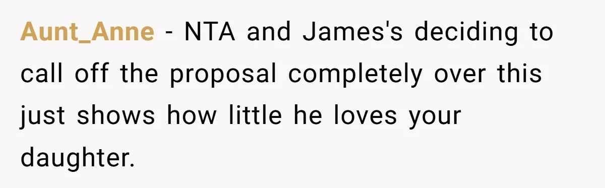 Aunt_Anne − NTA and James's deciding to call off the proposal completely over this just shows how little he loves your daughter.