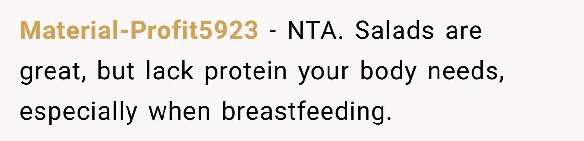 Material-Profit5923 − NTA. Salads are great, but lack protein your body needs, especially when breastfeeding.
