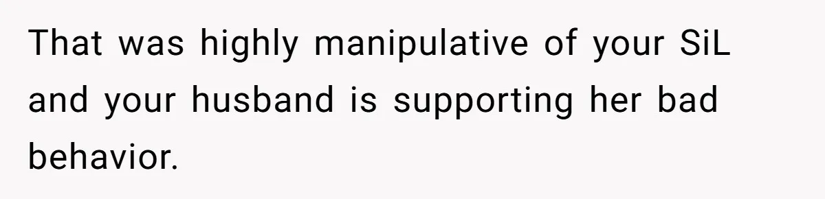 That was highly manipulative of your SiL and your husband is supporting her bad behavior.