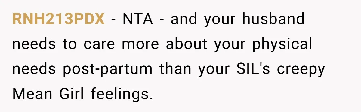 RNH213PDX − NTA - and your husband needs to care more about your physical needs post-partum than your SIL's creepy Mean Girl feelings.