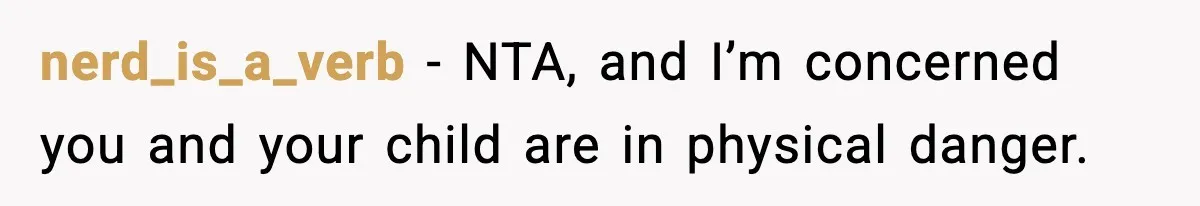 nerd_is_a_verb − NTA, and I’m concerned you and your child are in physical danger.