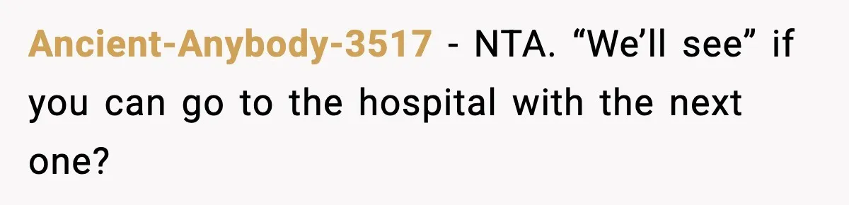Ancient-Anybody-3517 − NTA. “We’ll see” if you can go to the hospital with the next one?