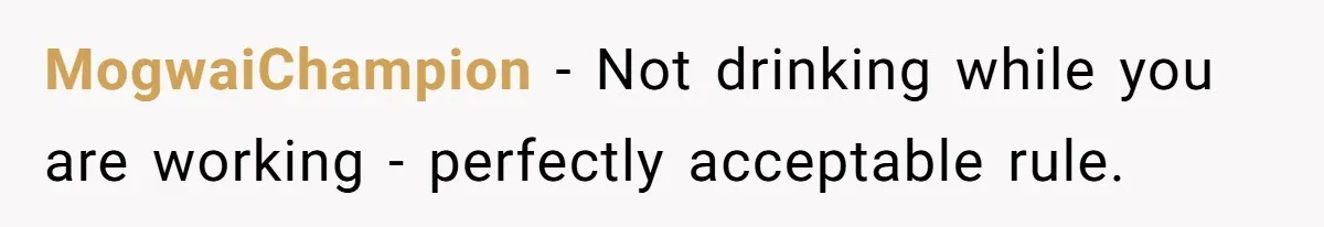 MogwaiChampion − Not drinking while you are working - perfectly acceptable rule.