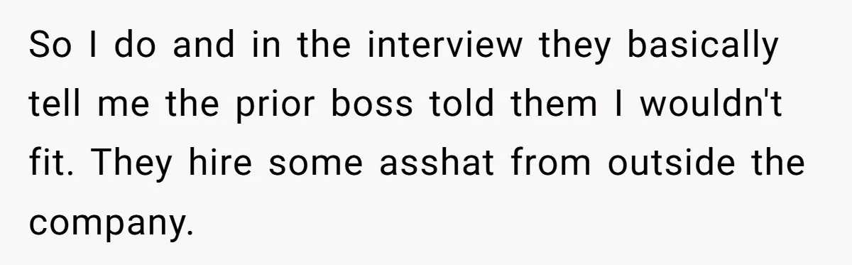 So I do and in the interview they basically tell me the prior boss told them I wouldn't fit. They hire some asshat from outside the company.
