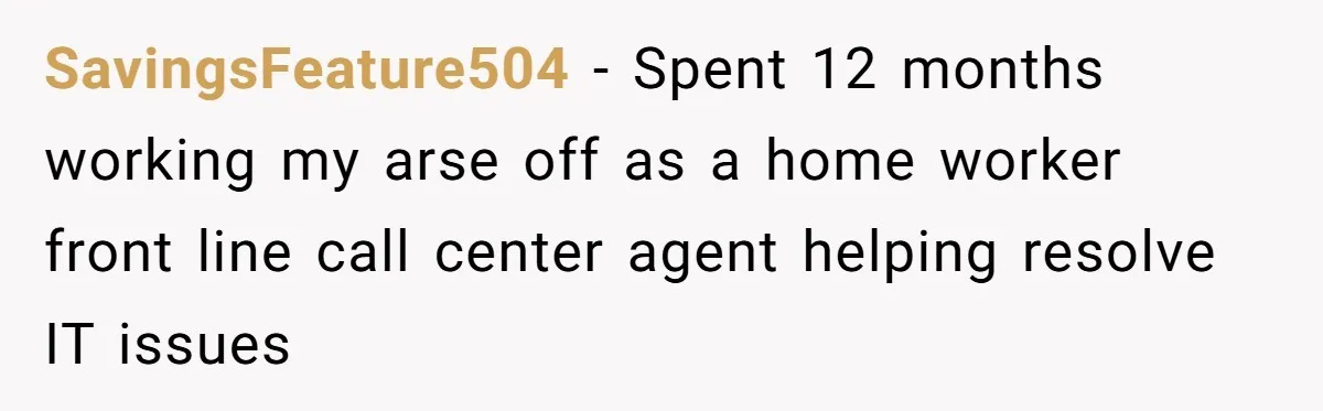 SavingsFeature504 − Spent 12 months working my arse off as a home worker front line call center agent helping resolve IT issues